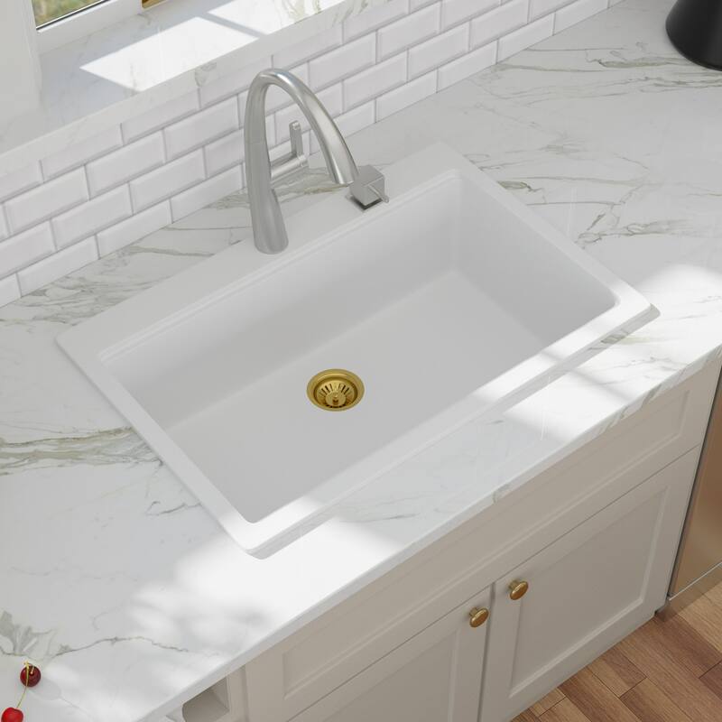 Kichae Granite Composite Drop-in Sink 33 inch White Workstation Sink - 33"x22"x10"