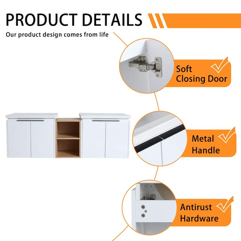 Bathroom Vanity With Sink In 24/36/48/60/72/84 Inch, Floating Bathroom Vanity With Soft Close Door and Shelf