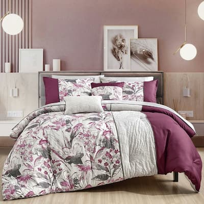 9 Piece Bed-in-a-Bag Purple Grey Floral Soft Bedding Comforter Set
