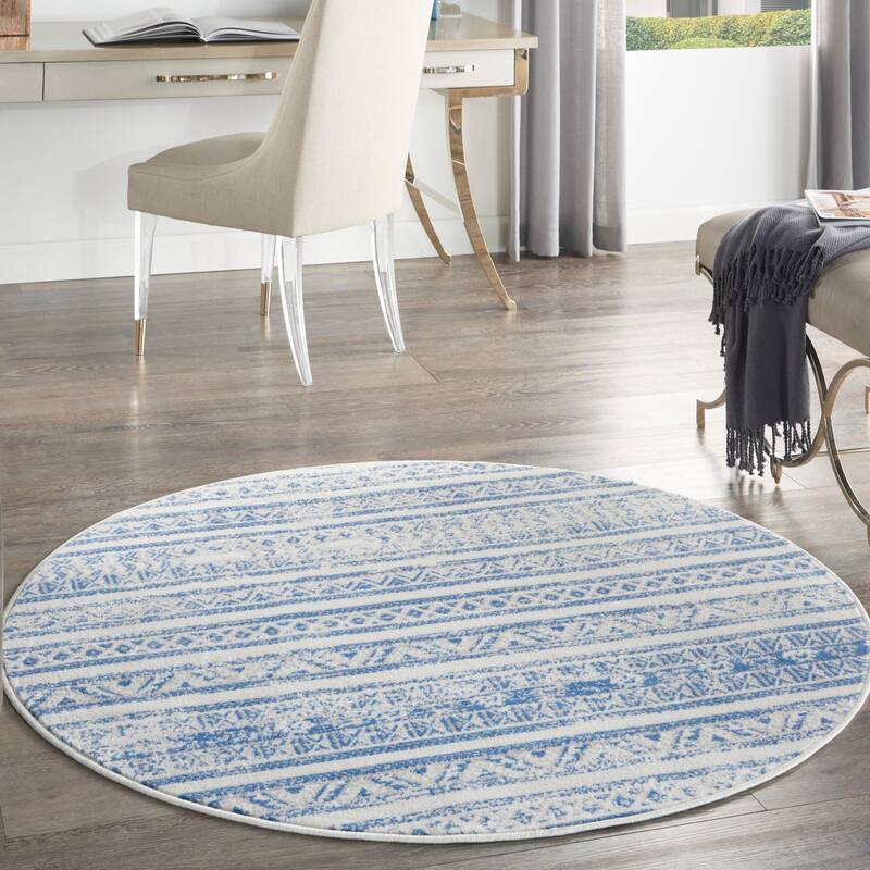 Nourison Whimsicle Vintage Boho Geometric Area Rug - 8' Round - Ivory Blue - Runner/Round
