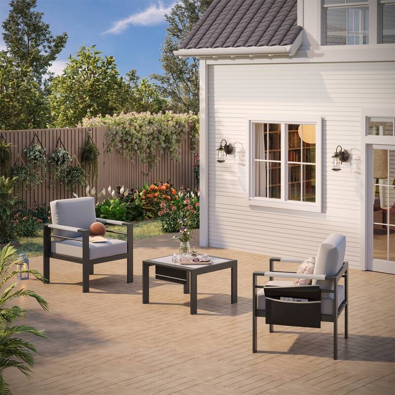 Outdoor 3-Piece Aluminum Patio Chat Set with Cushions LED Side Table and Movable Side Pocket for 2 Person
