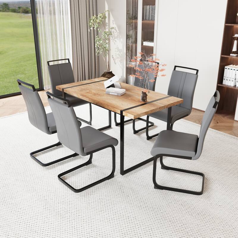 7-Piece Dining Table Set with Wood Grain Tabletop, Chair with C-shaped Bases, Ergonomically Curved Backrest