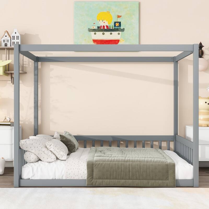 Full Size Rubber Wood Floor Bed Canopy Bed with Fence,Guardrails