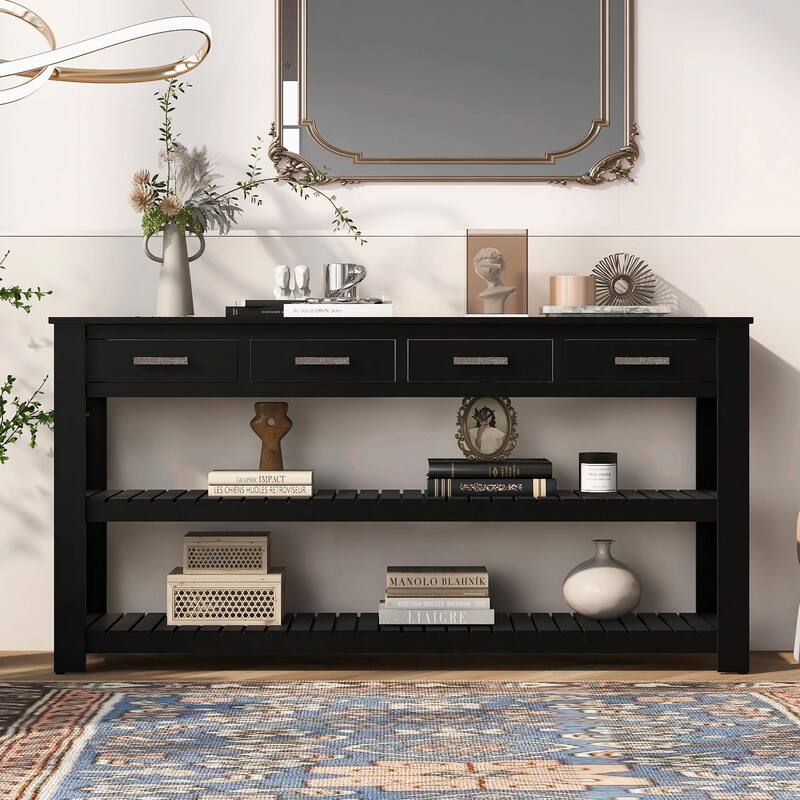 Stylish Entryway Console Table with 4 Drawers and 2 Shelves - Black