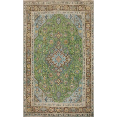 Hand Knotted Oriental 100% Wool Carpet Traditional Floral Green Tabriz Area Rug - 9' 5'' X 6' 4''