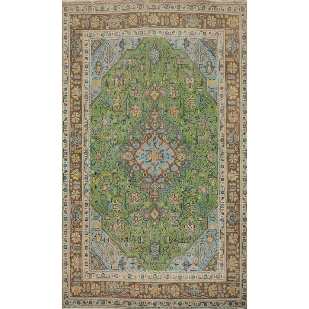 Hand Knotted Oriental 100% Wool Carpet Traditional Floral Green Tabriz Area Rug - 9' 5'' X 6' 4''