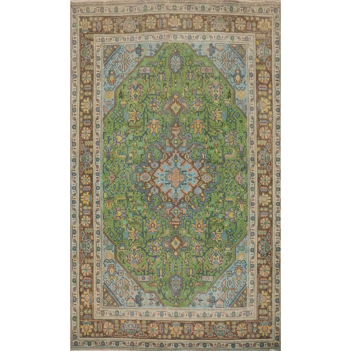 Hand Knotted Oriental 100% Wool Carpet Traditional Floral Green Tabriz Area Rug - 9' 5'' X 6' 4''