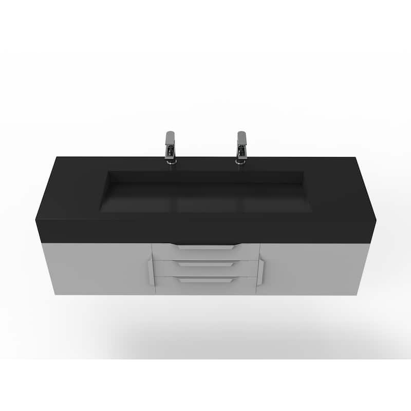 Nile 60" Wall Mounted Bathroom Vanity Set w/ Black Top
