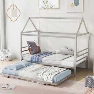 Twin Size Metal House Shape Platform Kids Bed with Trundle, Sleek Modern Design, Durable Frame with Rolling Trundle, Silver