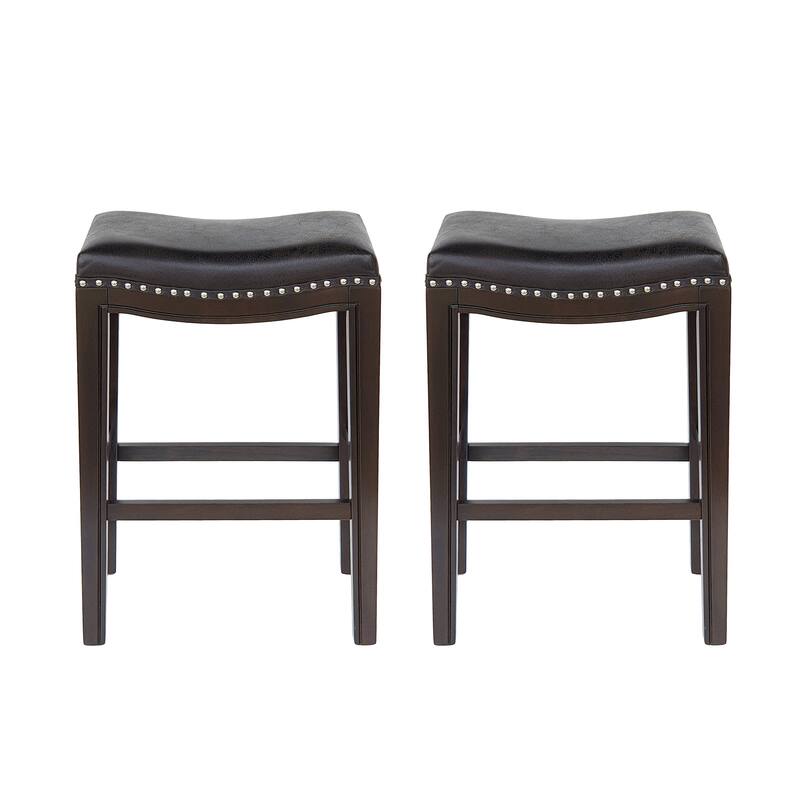 Feine Counter Stool Set of 2, Gray Faux Leather Saddle Seat, Brown