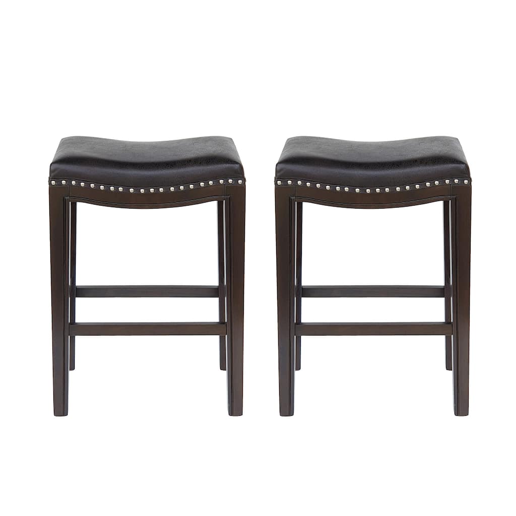 Feine Counter Stool Set of 2, Gray Faux Leather Saddle Seat, Brown