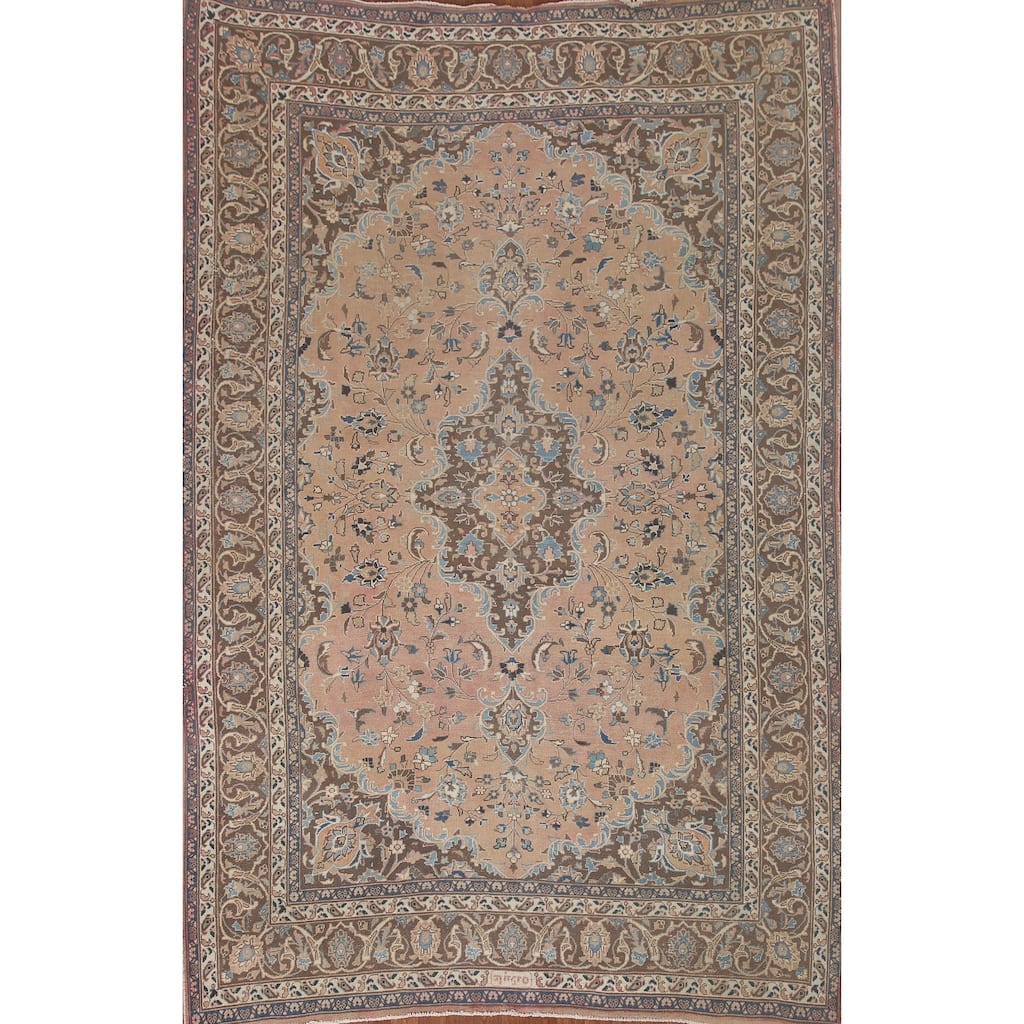 Vintage Mashad Persian Area Rug Handmade Floral Wool Carpet - 6'8" x 9'2"