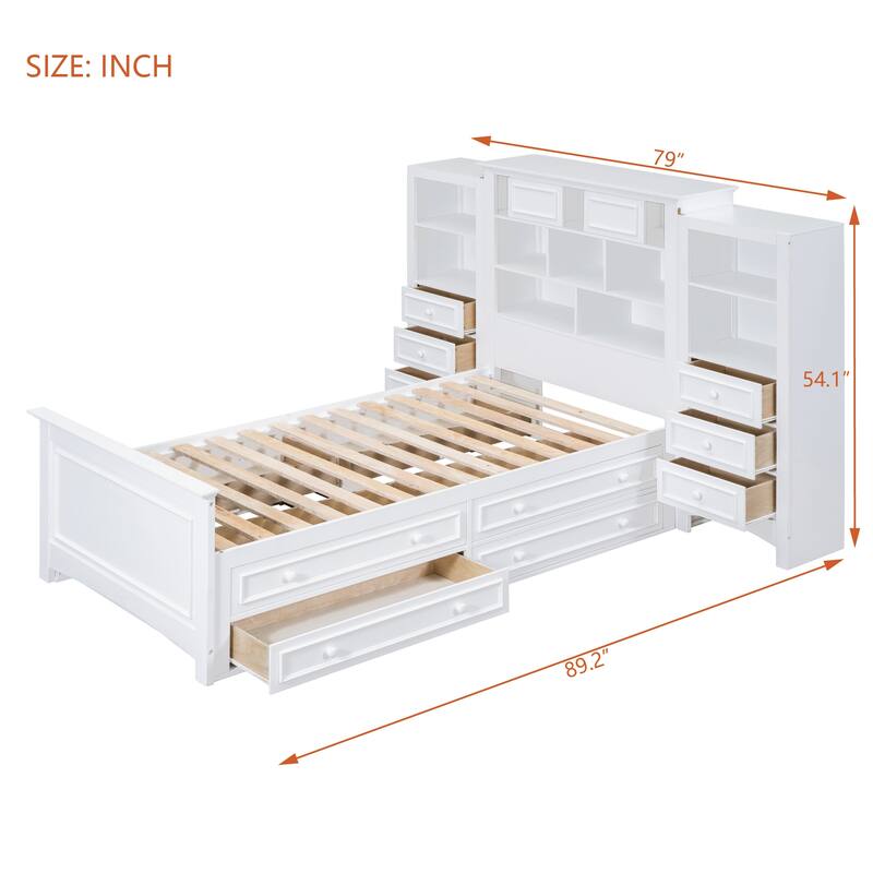 Twin Size White Wood Platform Bed with Vertical Cabinet and 8 Drawers