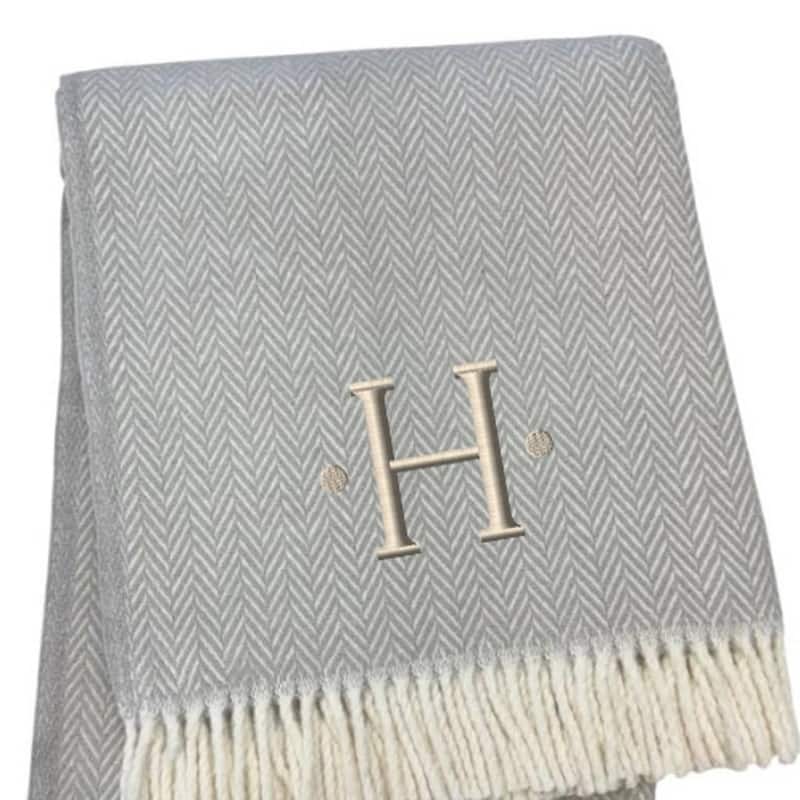 HomeRoots 55" X 70" Gray And White Herringbone Cotton Blend H Initial Throw Blanket with Tassels And Embroidery