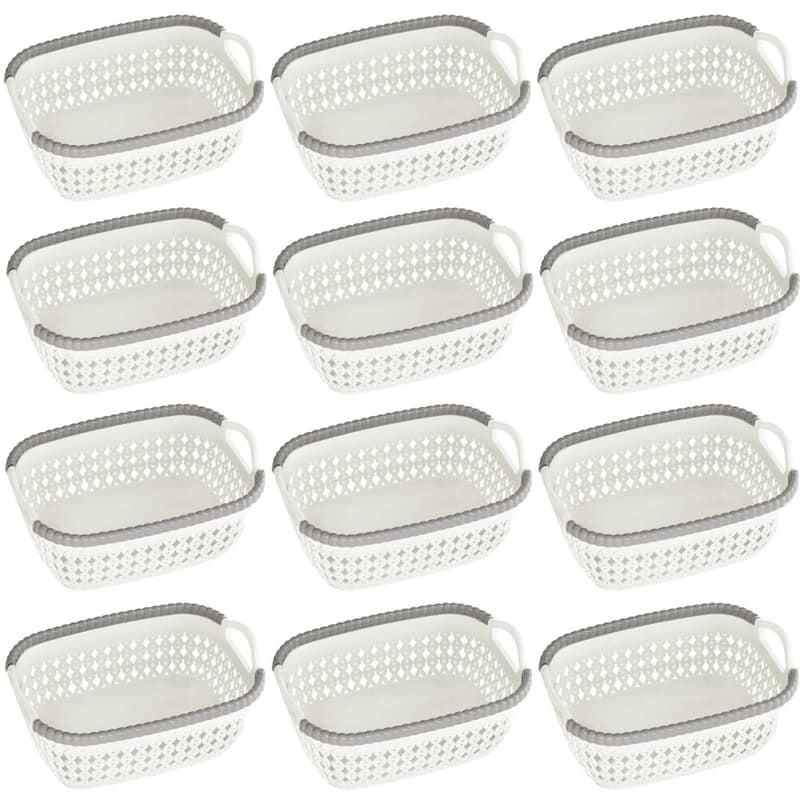 Rattan Plastic Weave Basket, Storage Bins Organizer for Closet, Shelf, Kitchen, Pantry and Bathroom - Ideal for Makeup,Cosmetics - White - Set of 12