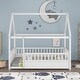 preview thumbnail 1 of 7, Full Size Floor Bed Wooden House-shaped Bed Frame with Fence Guardrails & Roof, Full Size Montessori Bed for Kids Boys Girls White - Full