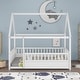 preview thumbnail 23 of 42, Pine Wood Floor Bed with House Roof Frame, Fence Guardrails for Kids, Boys and Girls Full - White
