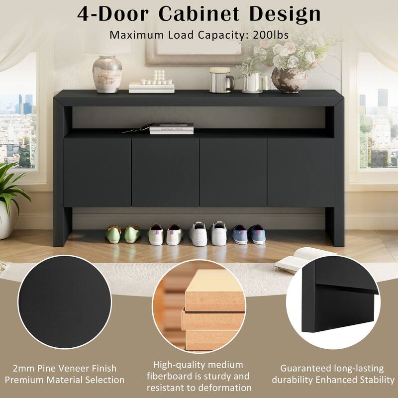 60" Solid Wood Sideboard Coffee Bar Cabinet Entryway Cabinets with Open Storage Shelf, Storage Console with 4 Door