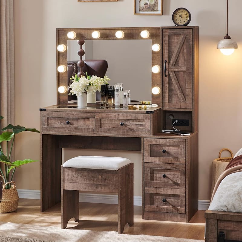 Farmhouse Vanity Makeup Desk with Charging Station, Makeup Table Set - Light Brown