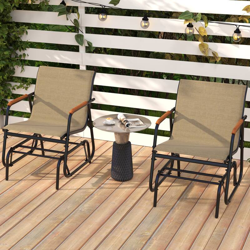 Set of 2 Black Metal Glider Chair with Teak Armrests and Breathable Seat Fabric - 29" L x 24" W x 33" H