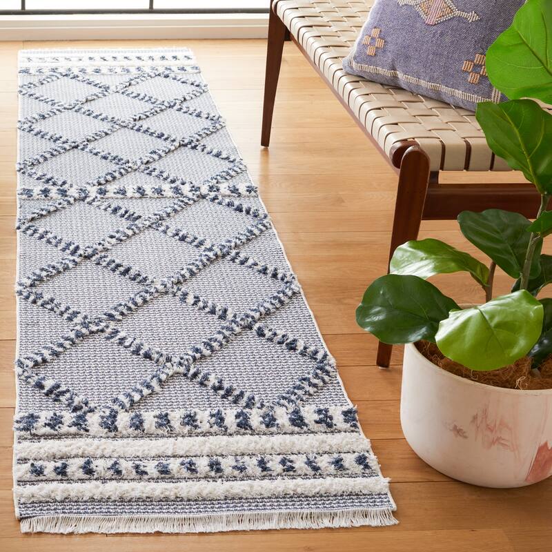 SAFAVIEH Augustine Saori Rustic Trellis Fringe Rug - 2' x 9' Runner - Navy/Ivory