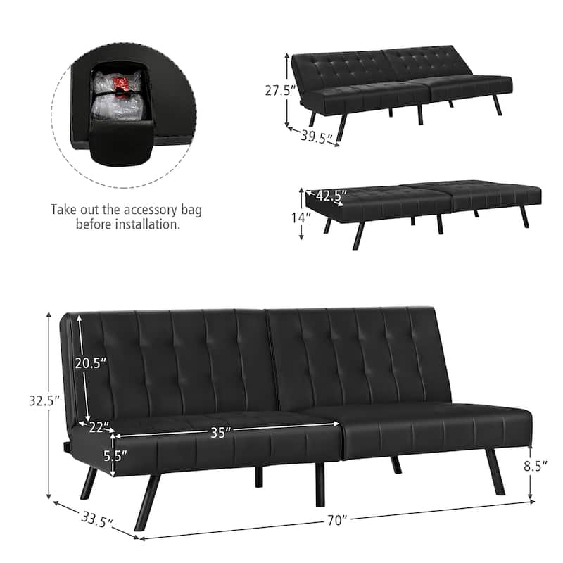 Costway Futon Sofa Bed PU Leather Convertible Folding Couch Sleeper - 70'' x 33.5'' x 32.5''