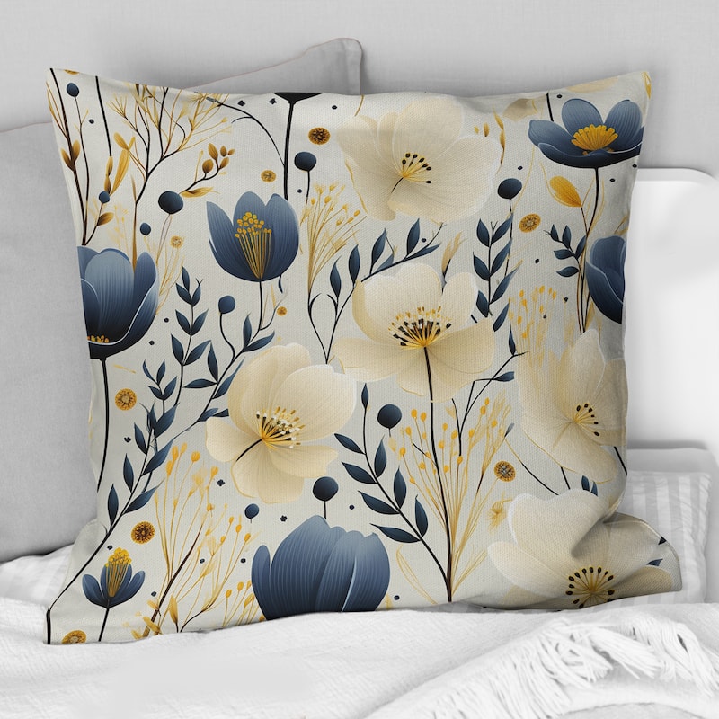 Designart "Ivory & Blue Coastal Serene Floral Pattern" Floral Printed Throw Pillow - 16 x 16