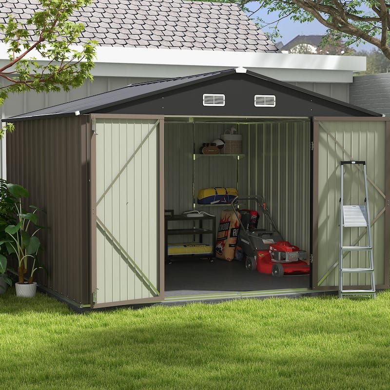 Patiowell 10' x 8'/10' x 10'Metal Outdoor Storage Shed with Goods Shelves/Floor Frame Garden Tool Shed for Backyard Garden