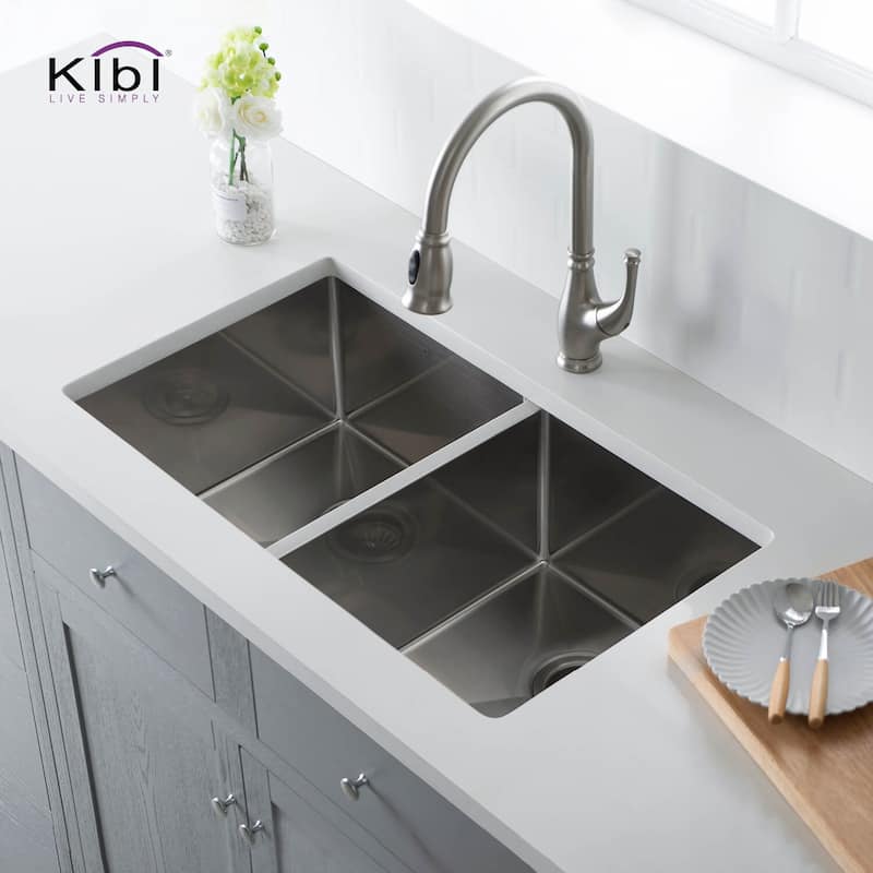 33 Inch Handcrafted Undermount Double Bowl Real 16 gauge Stainless Steel Kitchen Sink with Strainers and Grids