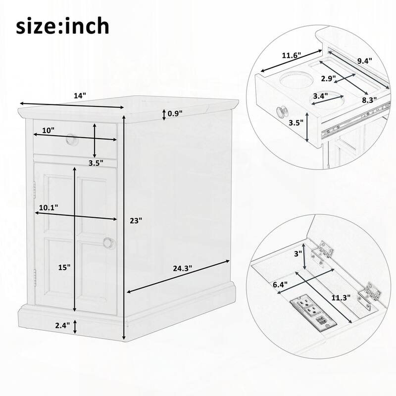 End Table Side Table with USB Ports and One Multifunctional Drawer with cup holders