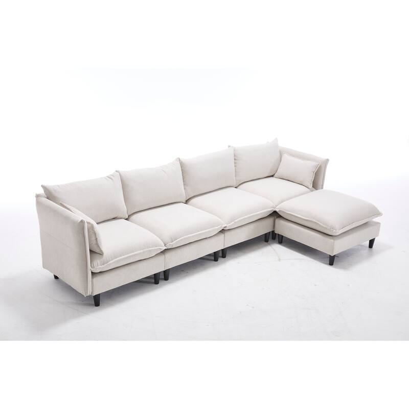 Modular 4-Seater L Shaped Sofa with Movable Ottoman, Beige