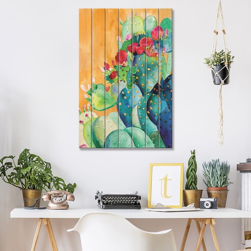 Cactus Garden Print On Wood by Christine Lindstrom - Multi-Color