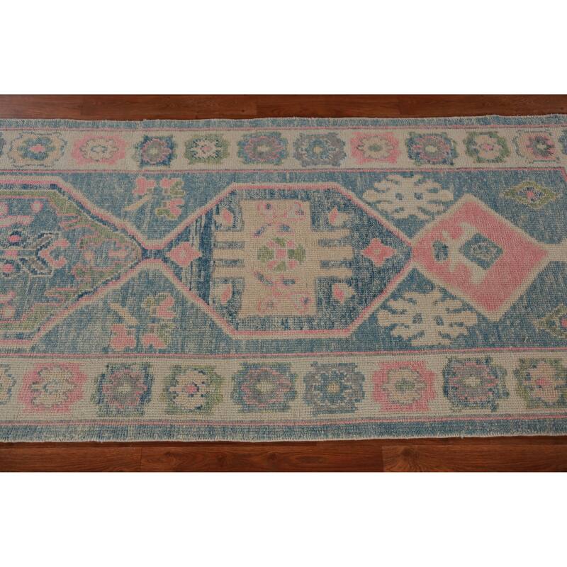 Hand Knotted Oriental 100% Wool Carpet Transitional Geometric Navy Blue & Blues Oushak Runner Rug - 11' 9'' X 3' 3''