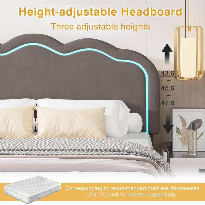 Javlergo Modern Queen Platform Bed with Adjustable LED Headboard USB Ports & Under-Bed Storage Heavy Duty Upholstered Bed Frame