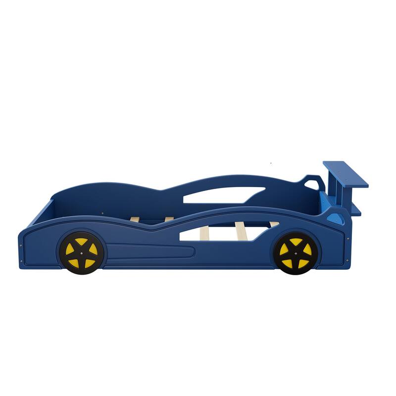 Roomfitters Wooden Race Car Platform Bed, Car-Shaped Twin Bed with Wheels for Teens