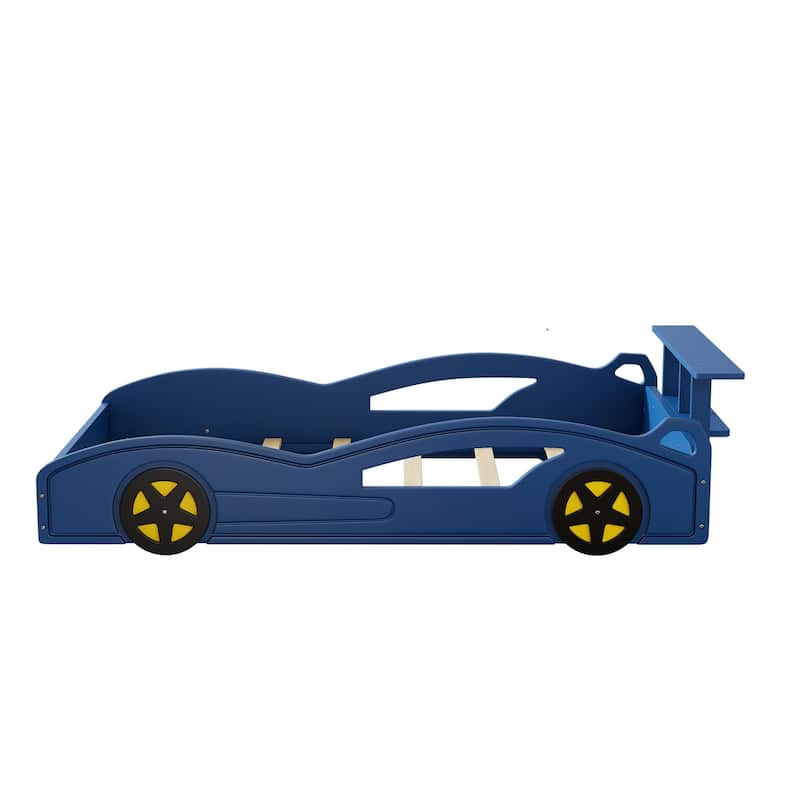 Twin Size Race Car Bed with Tail Wing Storage Rack and Black Yellow Wheels, Car-Shaped Bed Frame Toddler Floor Bed Platform Bed