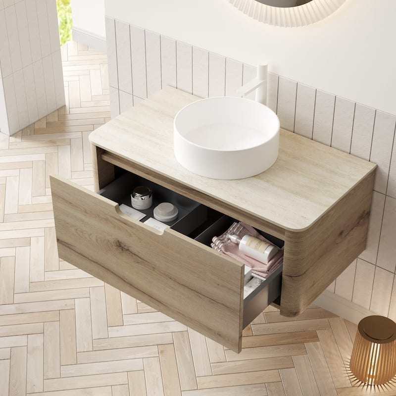 GDFStudio - Xai Floating Bathroom Vanity with Drawer, White Round Ceramic Basin & Travertine Sintered Stone Top, WITHOUT Faucet - 36" - White Oak