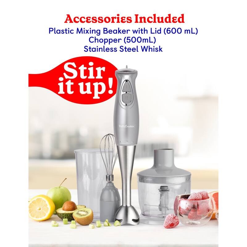 BETTY CROCKER Hand Blender with Beaker,Chopper & Whisk, Silver