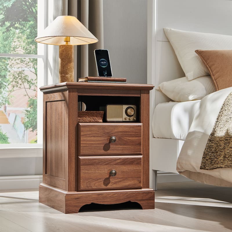Vintage Wood Nightstand with Charging Station, End Table, Side Table - Light Walnut