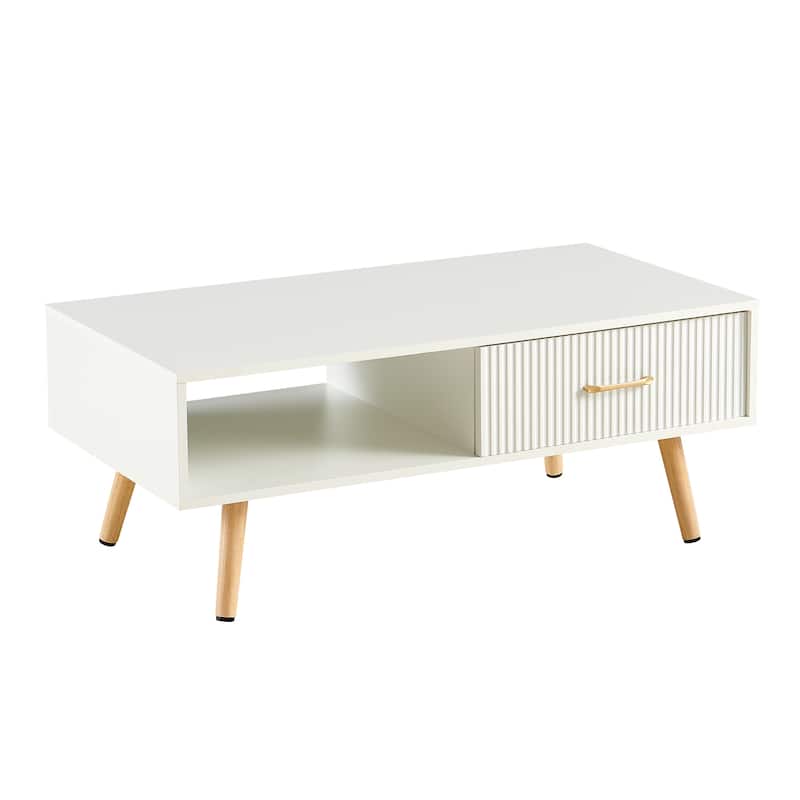 Rectangle Coffee Table with Solid Wood Legs, Sliding Drawer for Storage, Modern Table