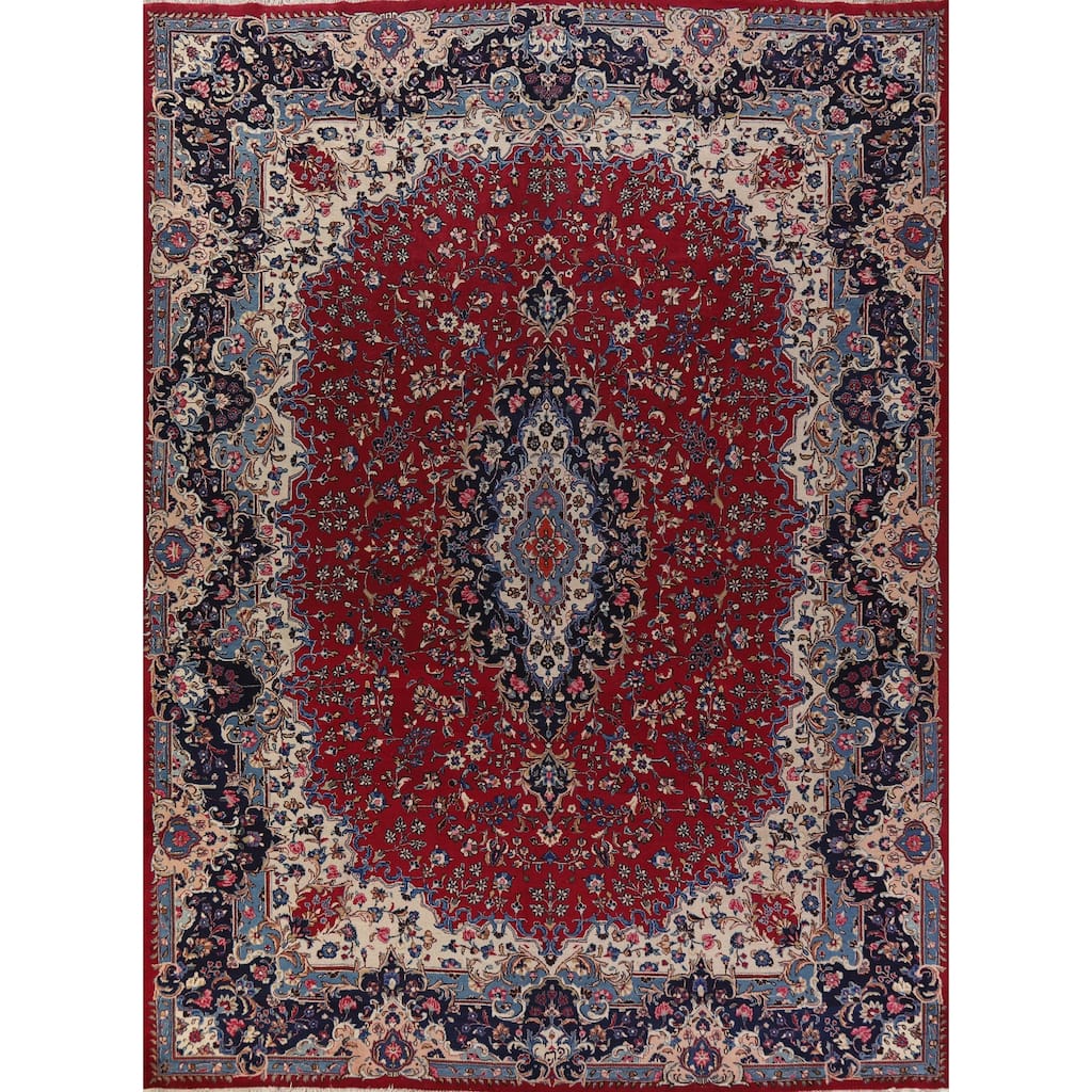 Hand Knotted Oriental 100% Wool Carpet Traditional Floral Red Mashad Area Rug - 12' 11'' X 10' 1''