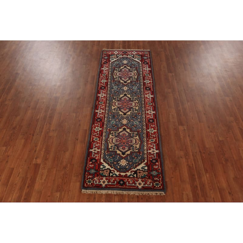 Blue Geometric Heriz Serapi Runner Rug Hand-Knotted Wool Carpet - 2'7"x 7'10"