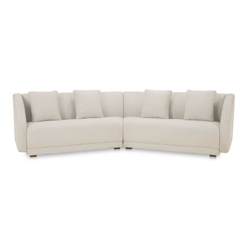 NADAAL STUDIOS Solace 2 Piece Modular Sectional, Angled Sides, Sloped Arms, Plinth Base, Four Toss Cushions, White
