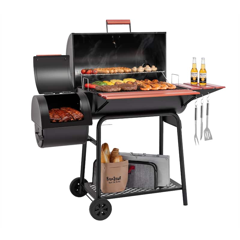 Royal Gourmet Charcoal Grill with Wood-Painted Side&Front Table