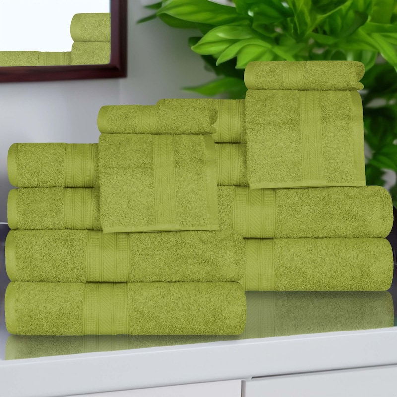 Superior Atlas Cotton Plush Absorbent Heavyweight 12 Piece Towel Set - Green Essence