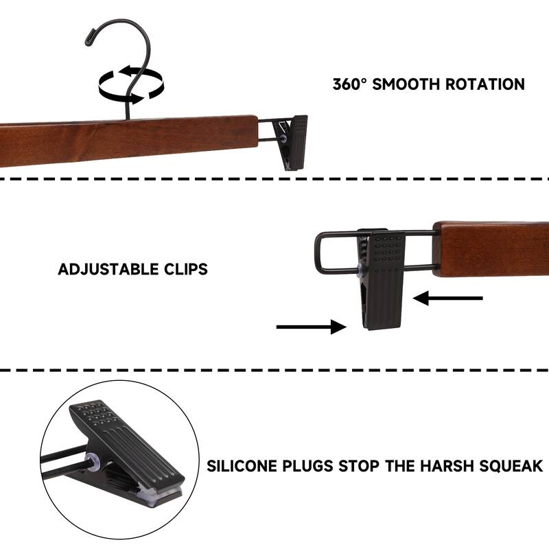 BP4U Premium Wooden Pants Hangers with Adjustable Clips, Solid Wood Skirt Hangers for Jeans, Slacks, Dresses