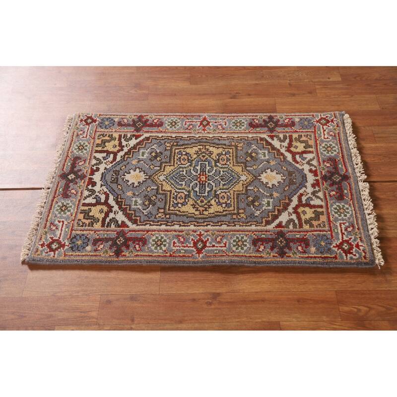 Gray Geometric Heriz Serapi Indian Rug Hand-Knotted Wool Carpet - 2'0"x 3'0"