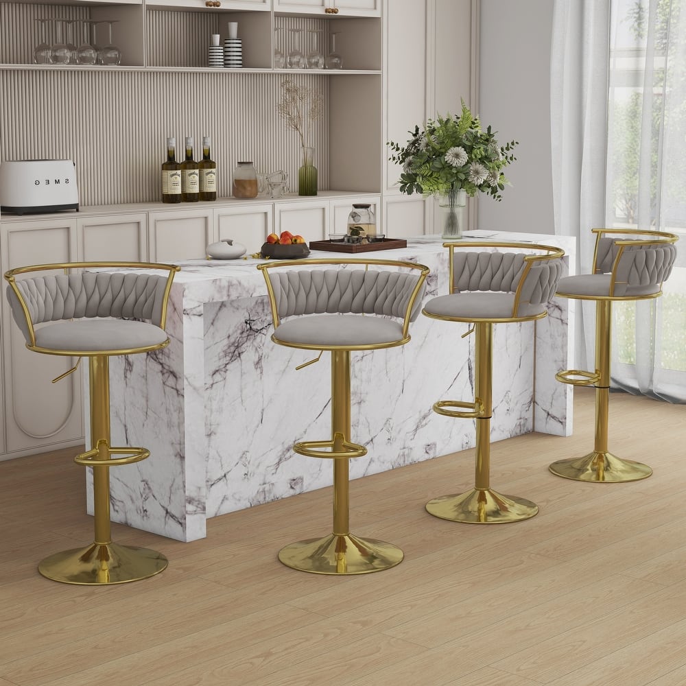 4 Set Velvet Adjustable Swivel Bar Stools With Backs