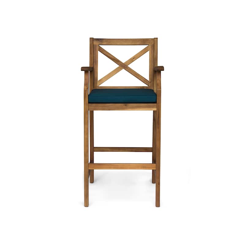 Roomfitters 2-Piece Outdoor Acacia Wood Bar Stools with Armrests and Cushions, X-Back Patio High Dining Chairs