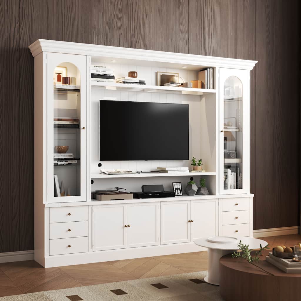 101.7" Large Entertainment Center with LED Spotlights TV Stand with Hutch & Glass Display Cabinets, Media Console Storage Unit